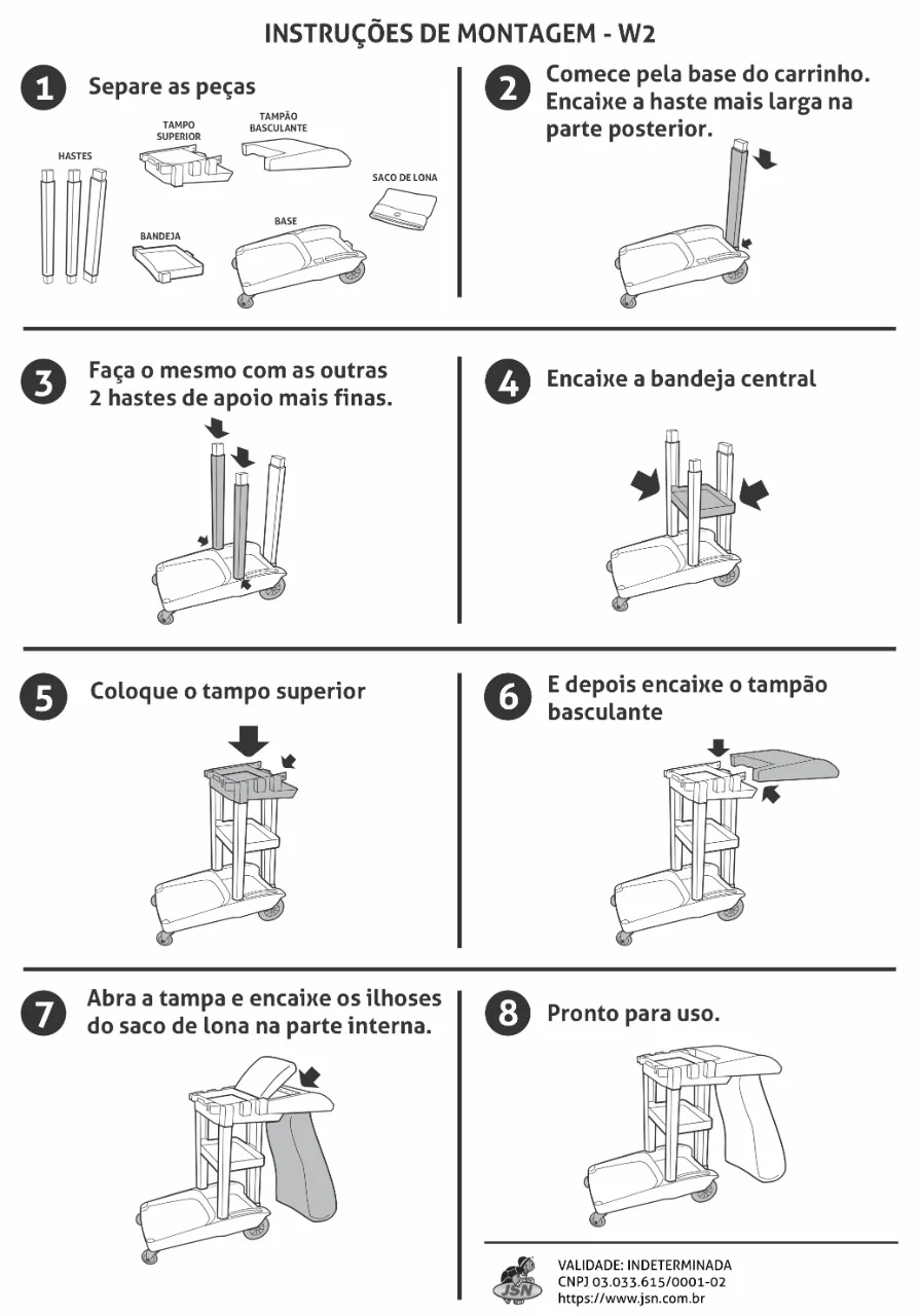 Instruções de montagem do carrinho funcional para limpeza JSN
